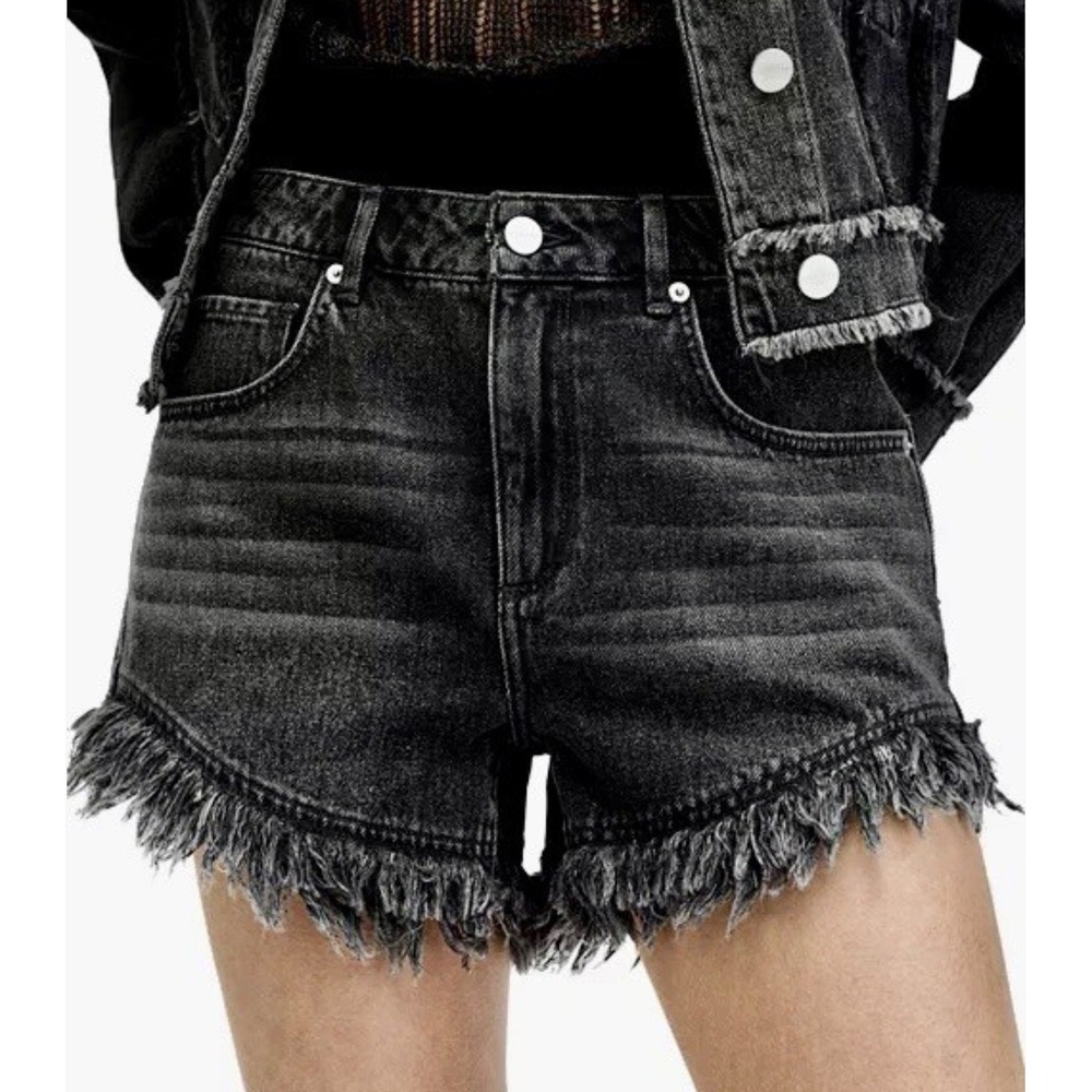 AllSaints Women Black Frayed Hem Denim Shorts High Rise Cut Offs W25